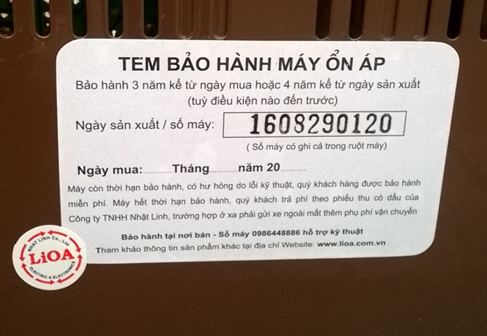 TEM BẢO HÀNH ỔN ÁP LIOA 3 PHA