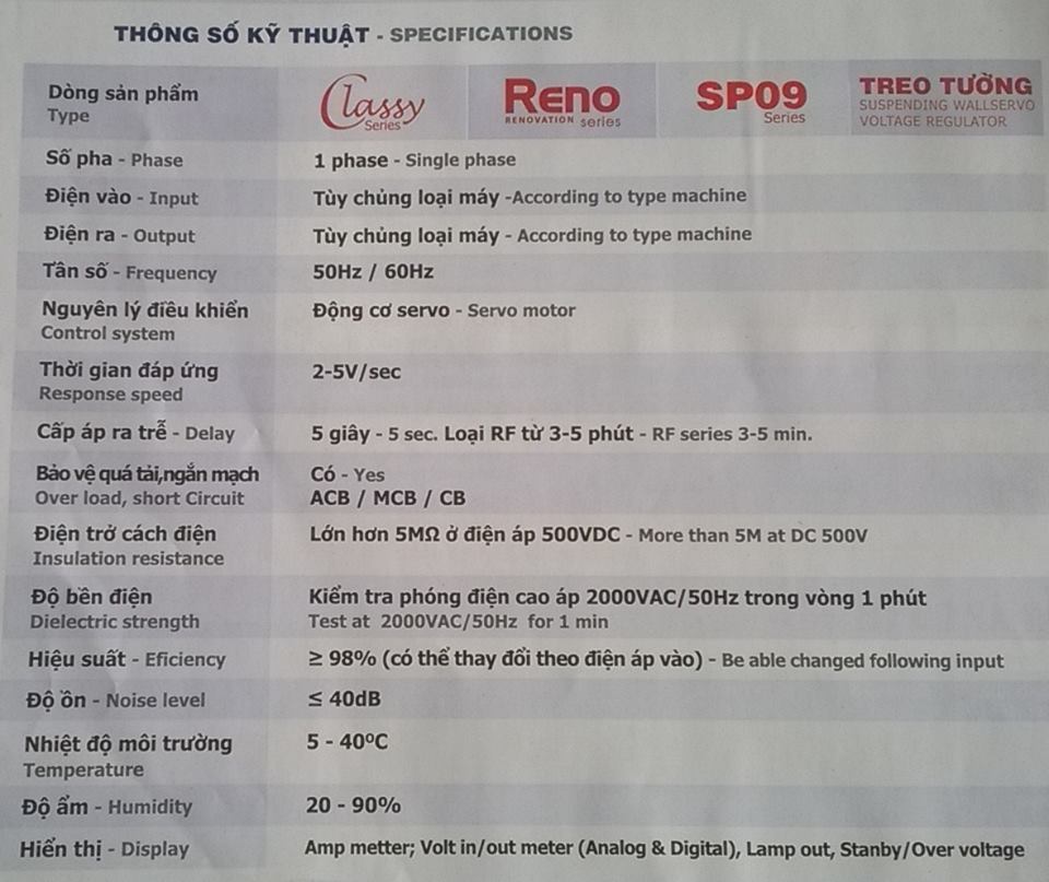 thông số kỹ thuật ổn áp robot 1 pha