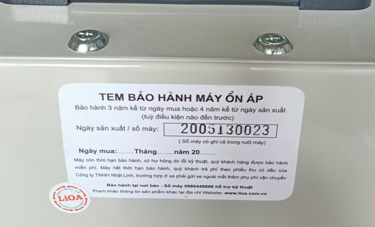 TEM BẢO HÀNH ỔN ÁP LIOA 3 PHA 60KVA