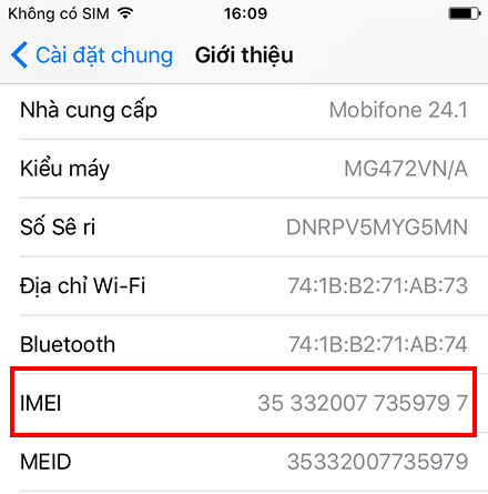 Số hiệu imei trong mục cài đặt