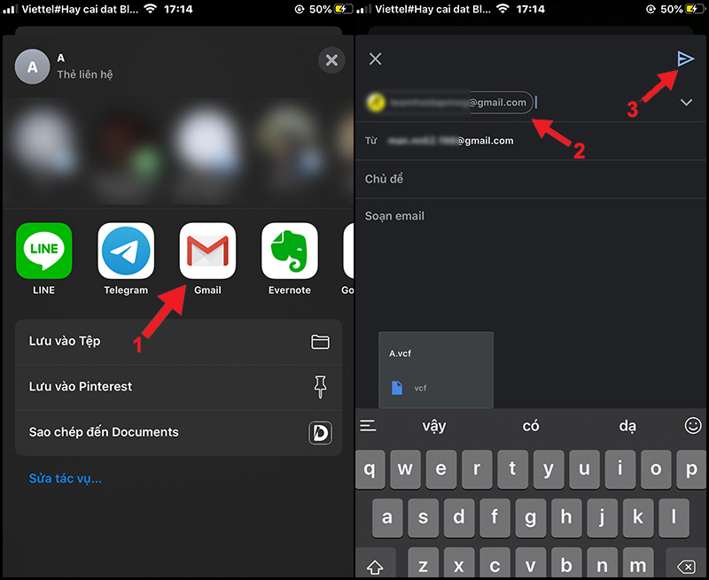Gửi số điện thoại cần sao chép qua email