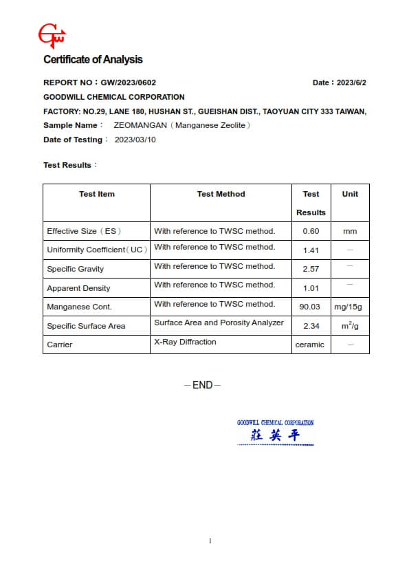 Hạt Zeomangan Đài Loan xử lý nước