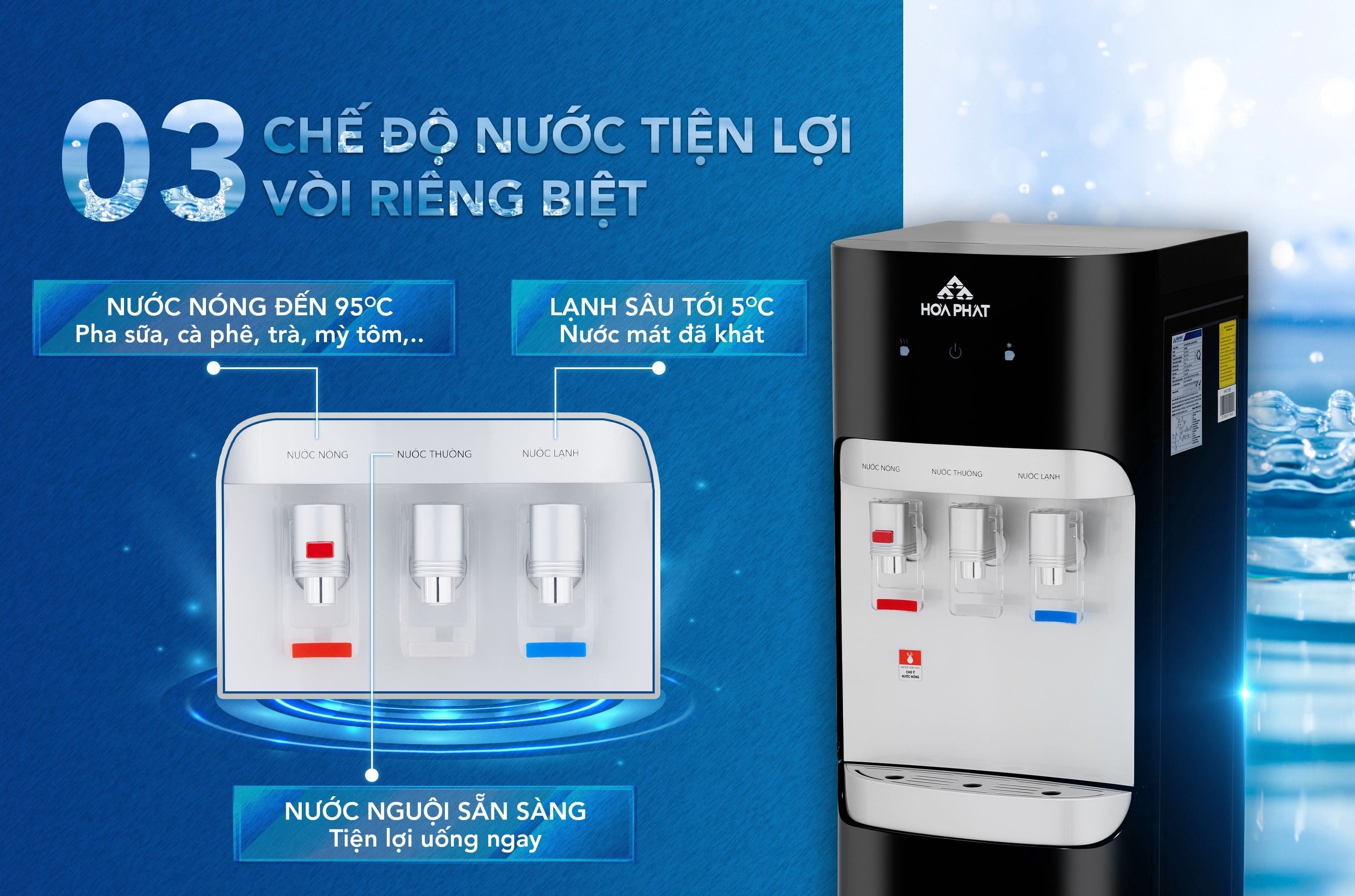 Cây nước nóng lạnh Hòa Phát có tối đa lên tới 3 chế độ nước “Nóng - Nguội - Lạnh”