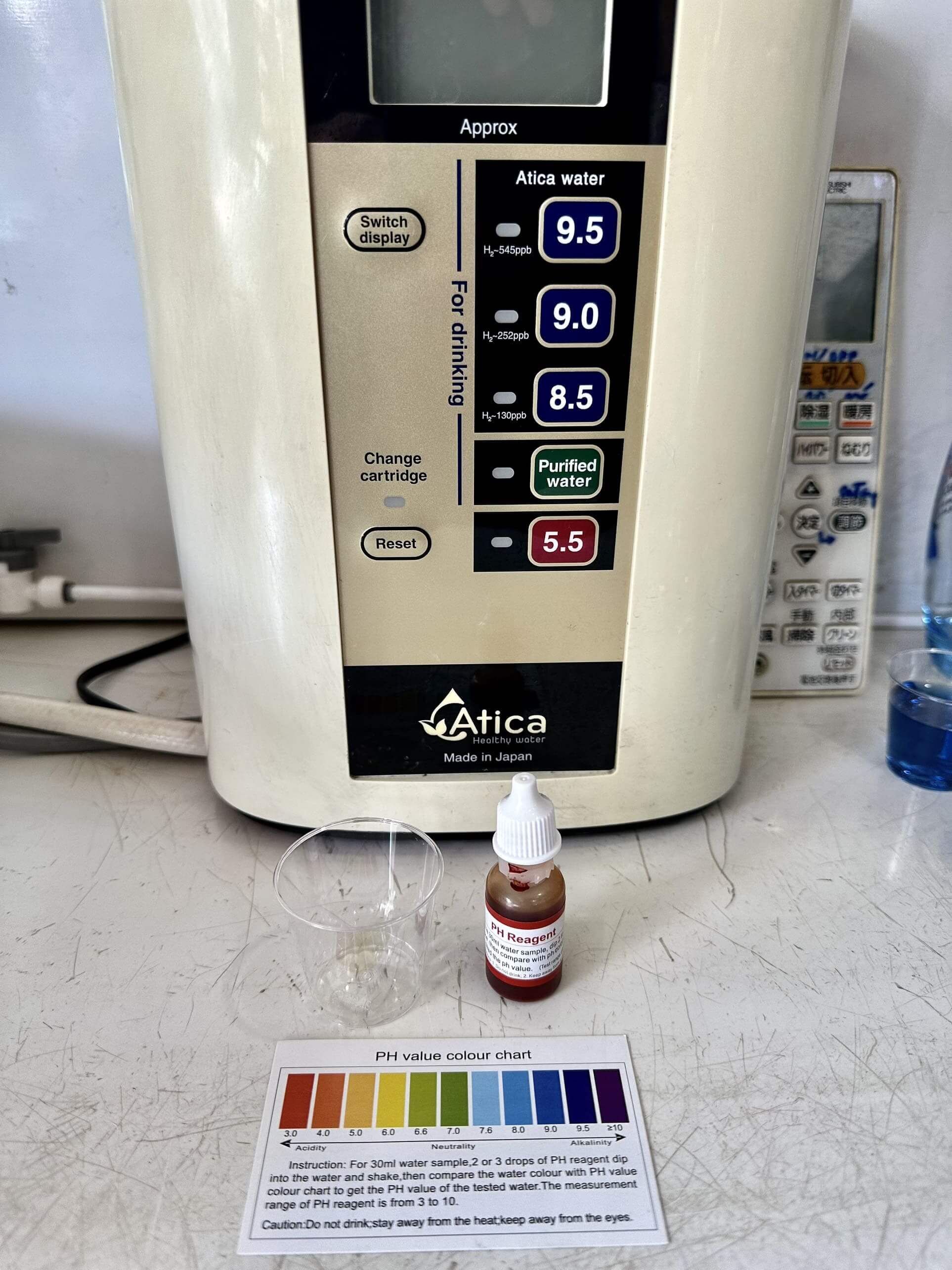 Kết quả kiểm tra độ pH trong nước sau khi lấy từ máy ION Kiềm Atica