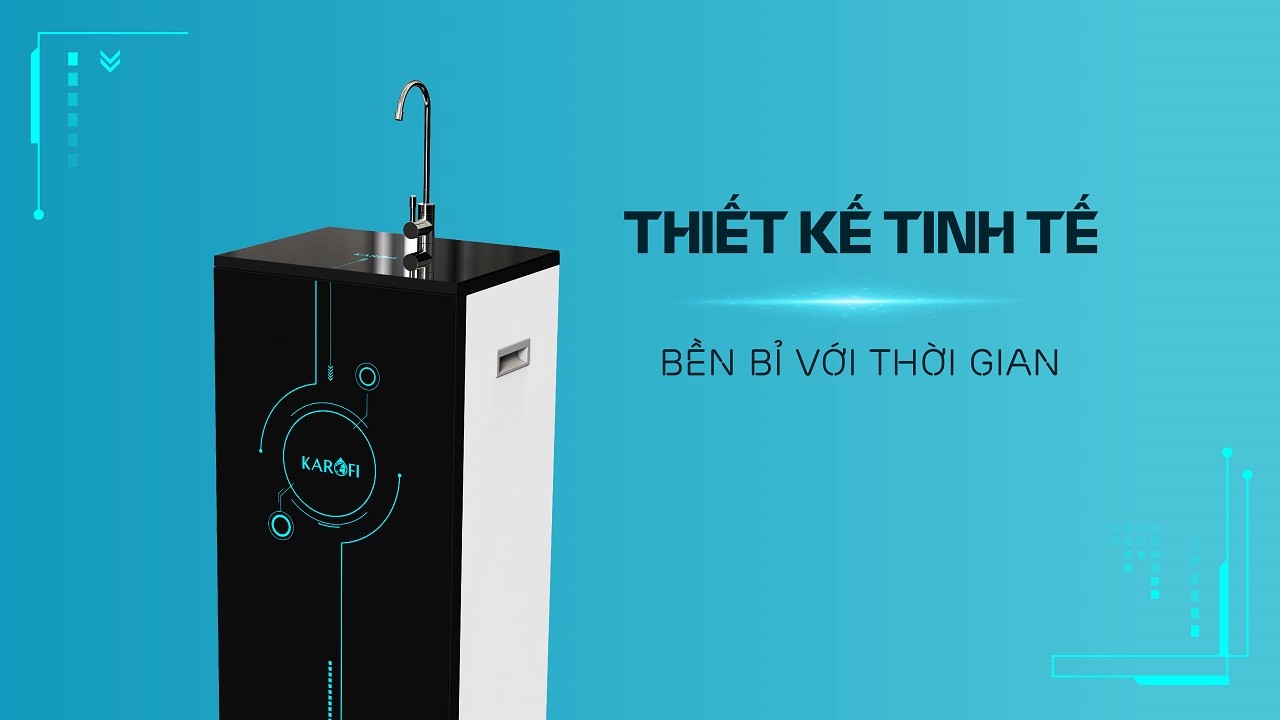 Máy lọc nước RO Karofi ERO100V sở hữu thiết kế hiện đại, tinh tế với tủ kính cường lực bền bỉ
