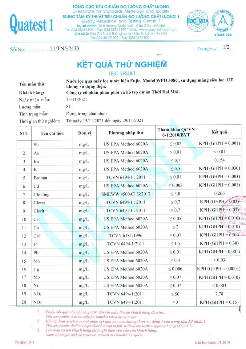 Kết quả thử nghiệm nước từ QUATEST 1