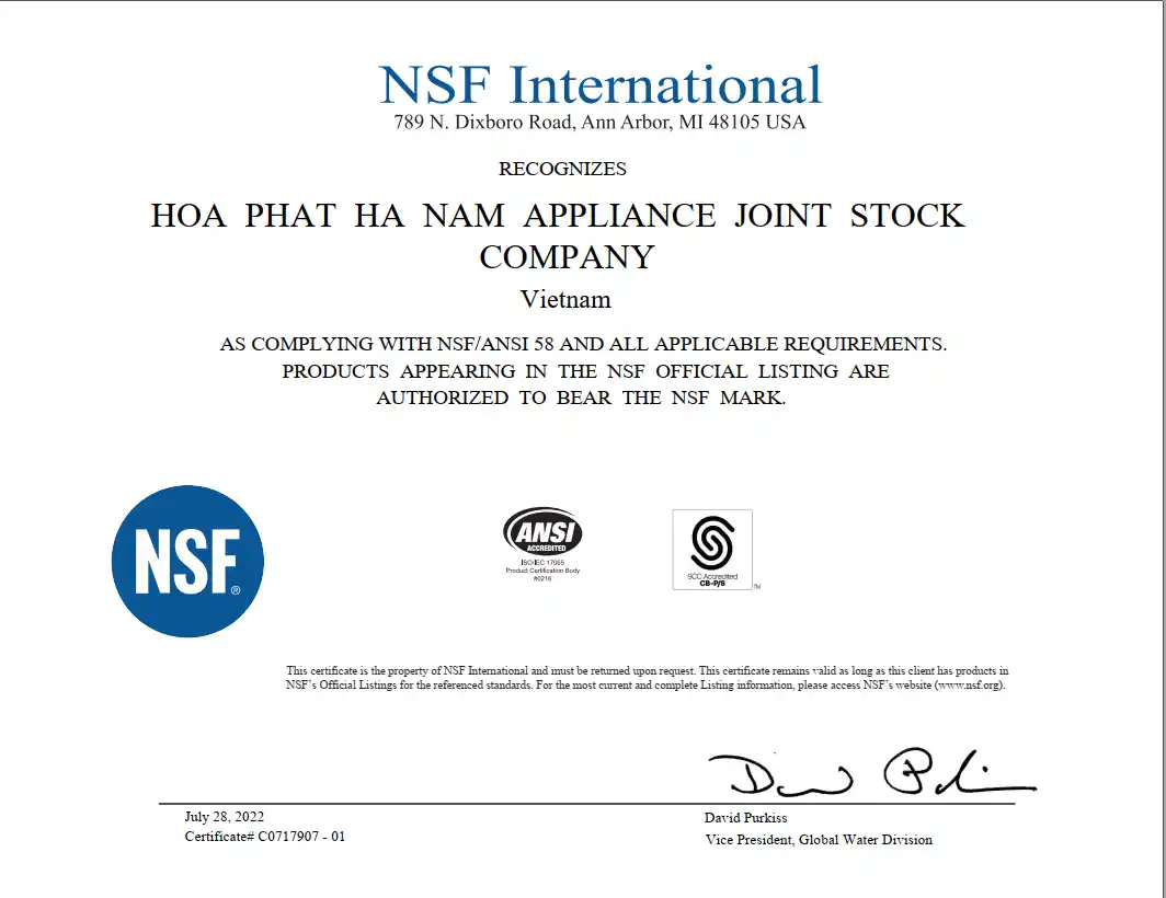 Màng lọc RO của Máy lọc nước Hòa Phát đạt chứng nhận NSF - chứng nhận về an toàn thực phẩm và nước uống của tổ chức y tế thế giới (WHO)