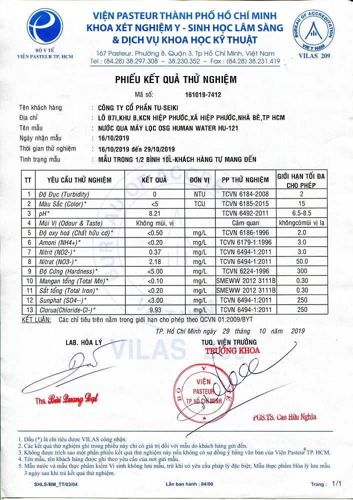 Kết quả thử nghiệm nước của HU-121 từ viện Pasteur
