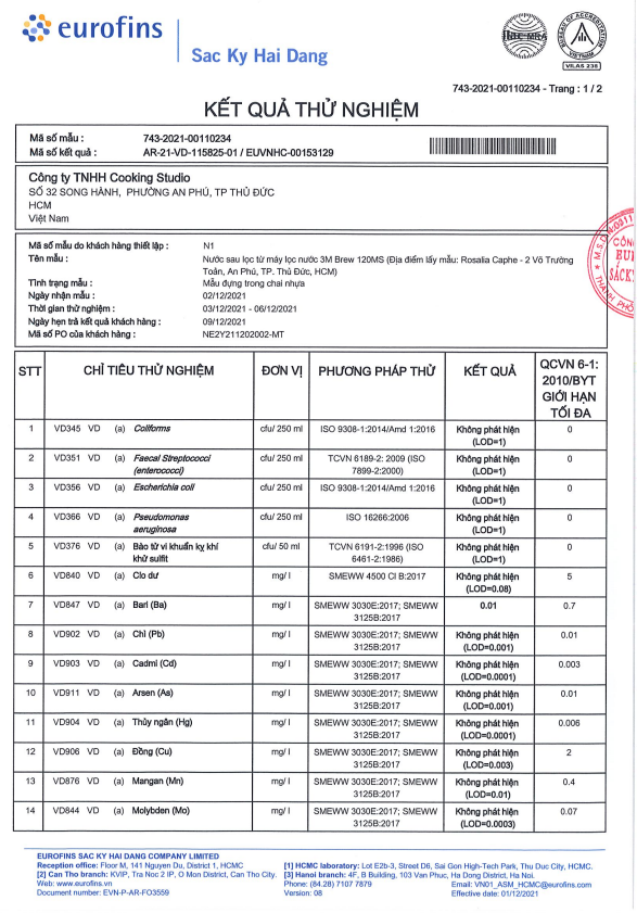 Kết quả thử nghiệm của máy lọc nước Nano 3M BREW120-MS