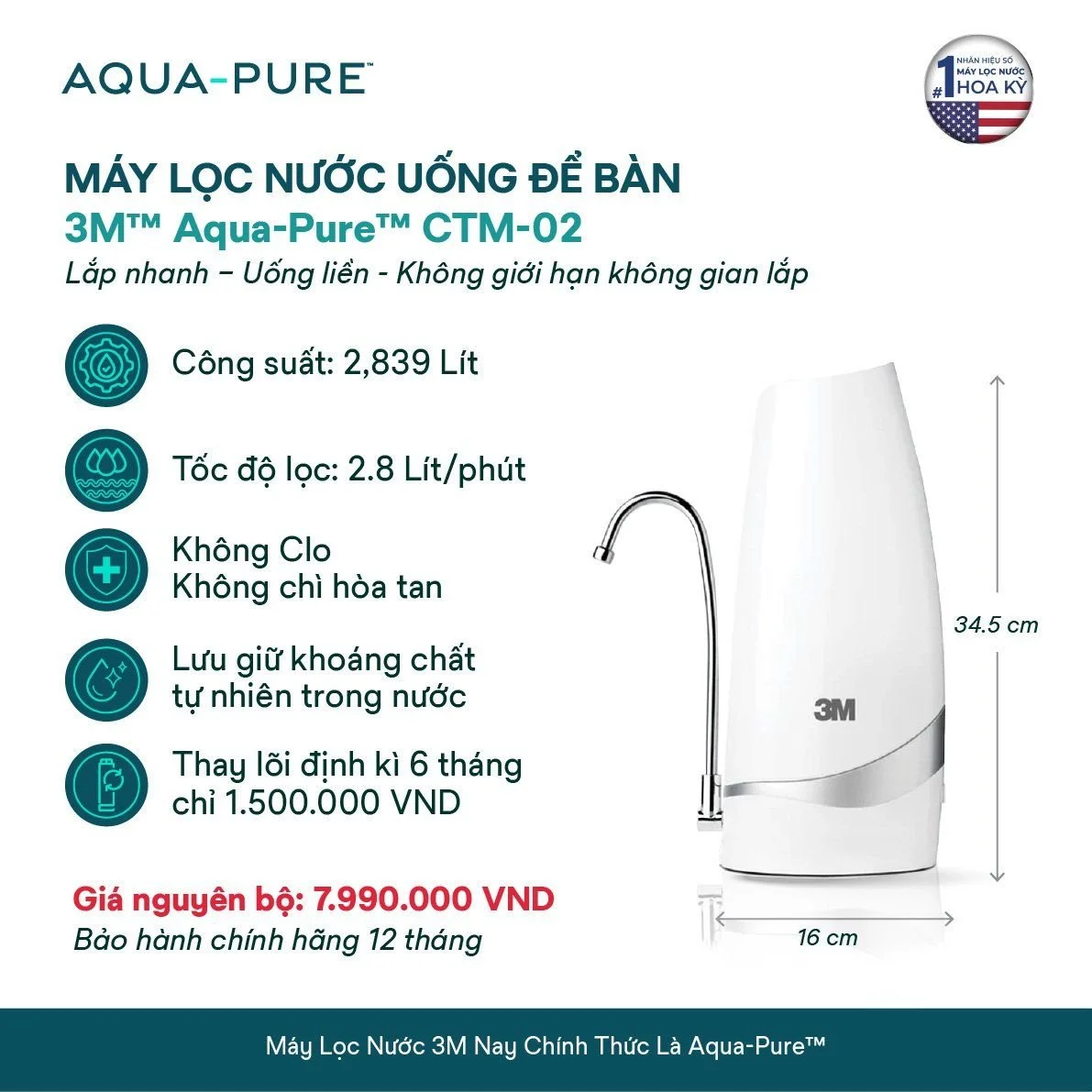 Tính năng nổi bật của máy lọc nước để bàn 3M™ Aqua-Pure™ CTM-02