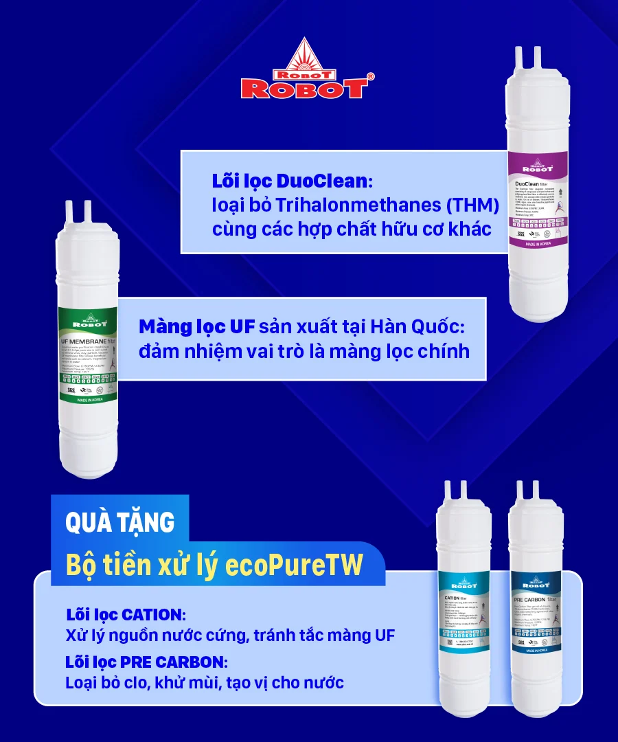 Hệ thống 4 lõi lọc sử dụng công nghệ lọc UF tiên tiến Hàn Quốc