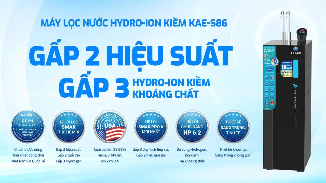Giới thiệu về máy lọc nước nóng lạnh Hydro-ION Kiềm Karofi KAE-S86