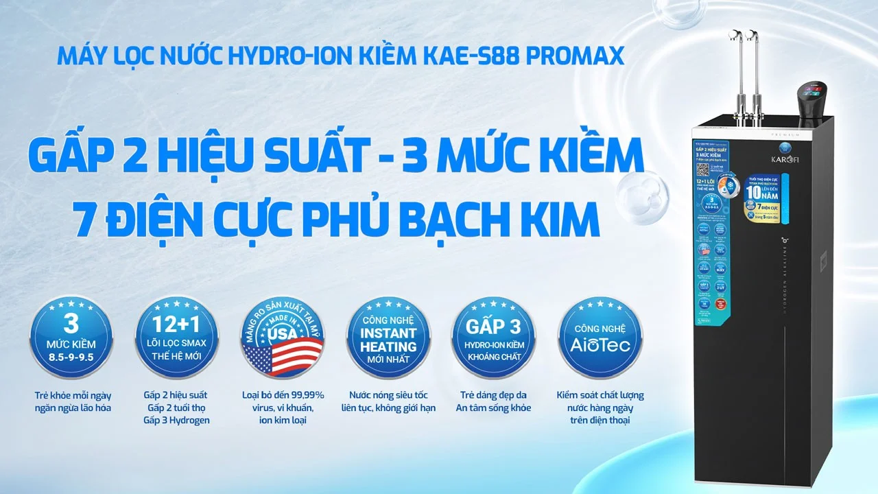 Giới thiệu về máy lọc nước nóng lạnh Hydro-ION Kiềm Karofi KAE-S88 Promax