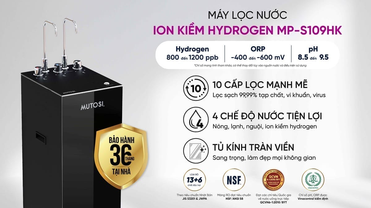 Tính năng nổi bật của máy lọc nước nóng lạnh ION Kiềm Hydrogen Mutosi MP-S109HK 10 lõi
