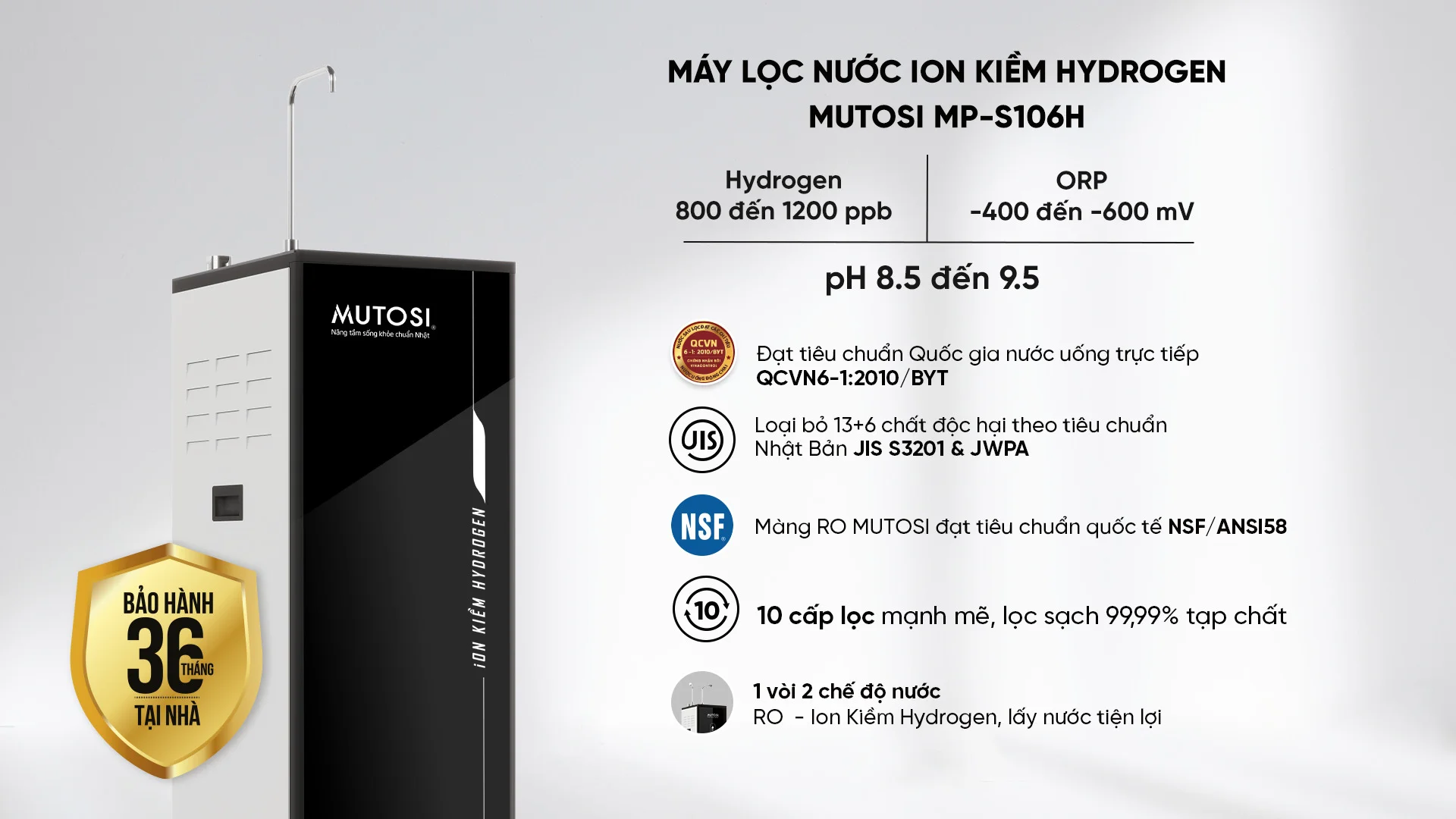 Tính năng nổi bật của máy lọc nước RO ION Kiềm Hydrogen Mutosi MP-S106H 10 lõi