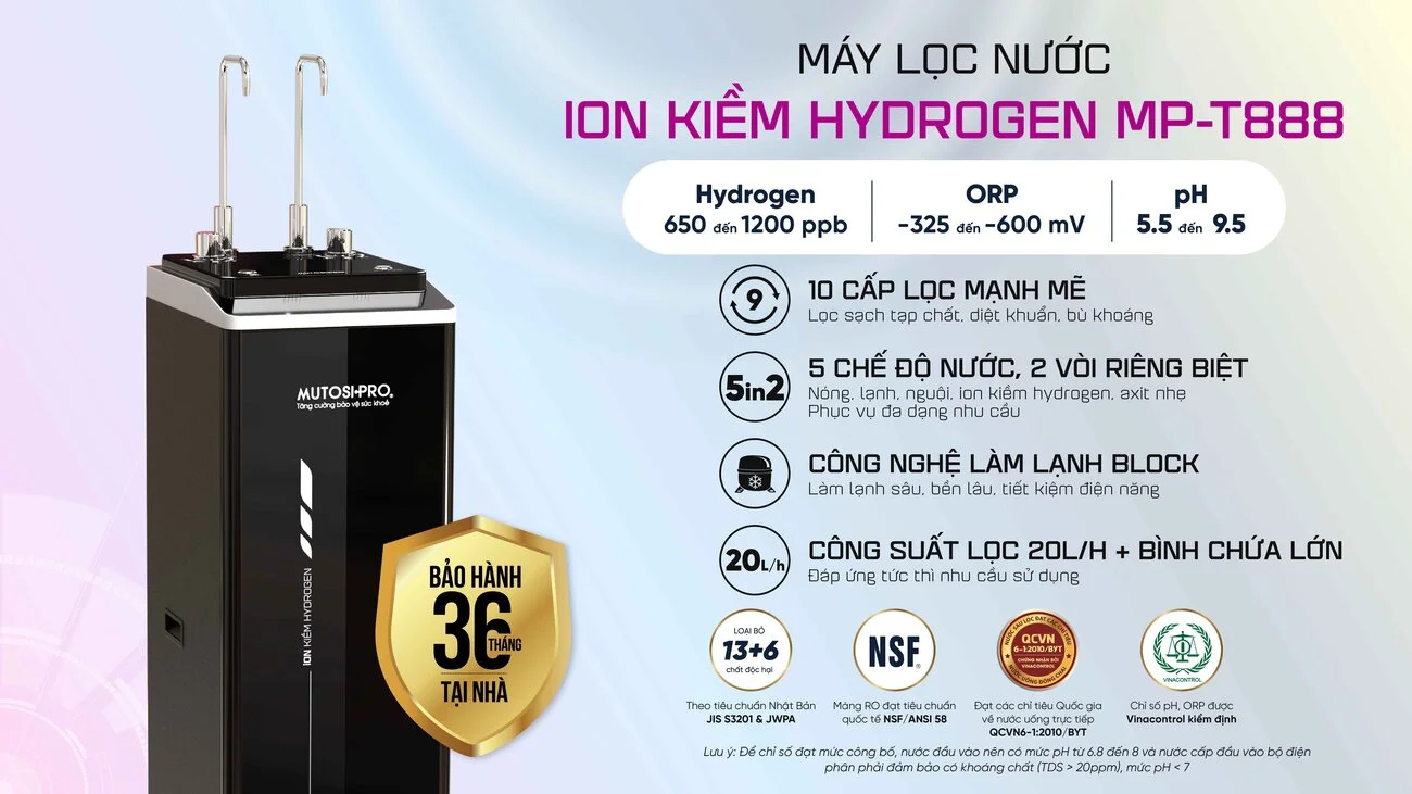 Tính năng nổi bật của máy lọc nước nóng lạnh ION Kiềm Hydrogen Mutosi MP-T888 9 lõi