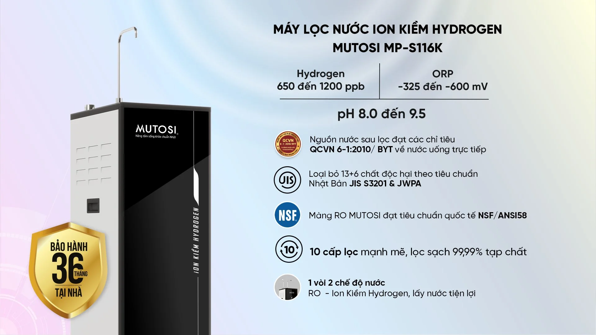 Tính năng nổi bật của máy lọc nước RO ION Kiềm Hydrogen Mutosi MP-S116K 10 lõi