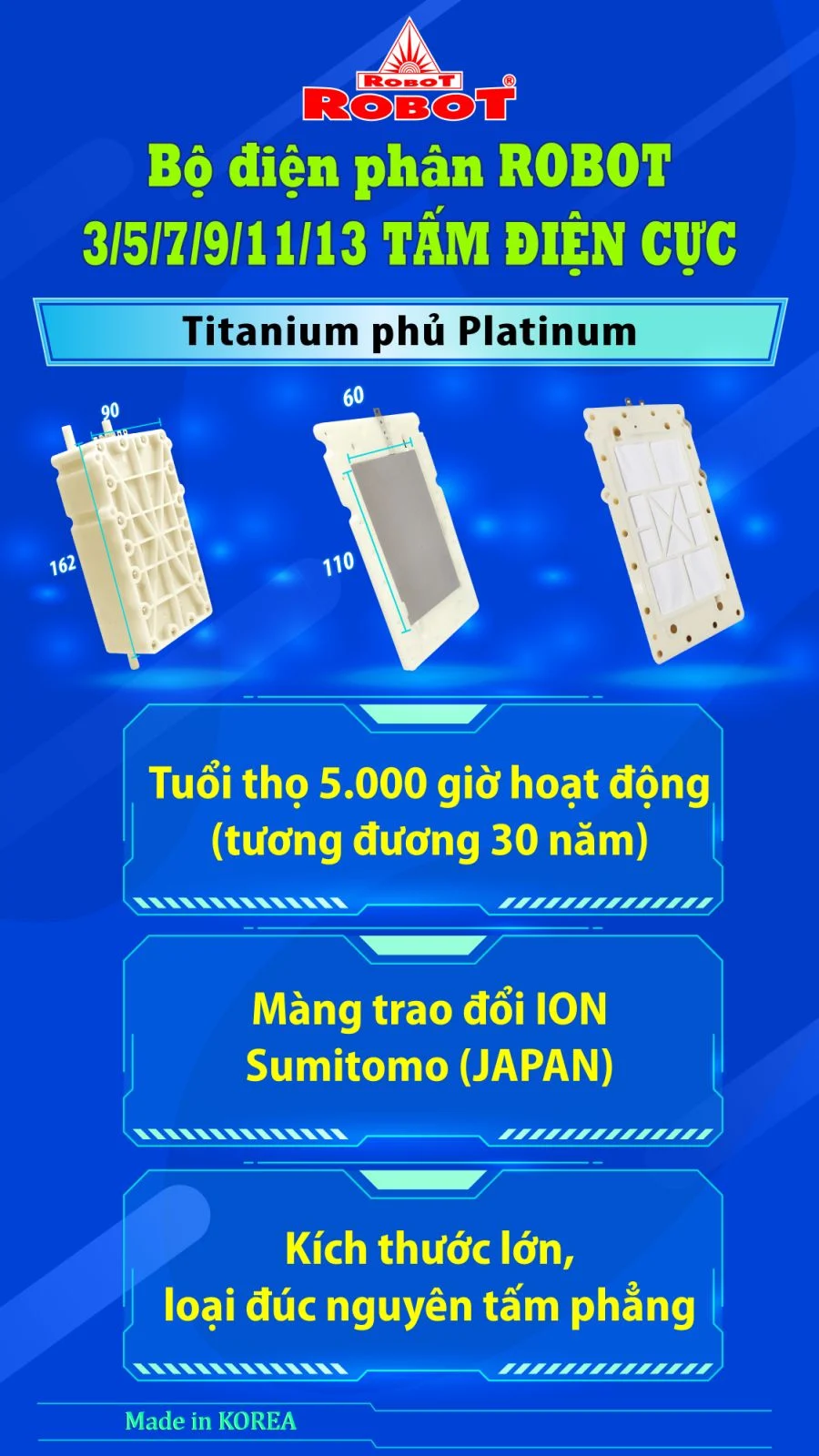 Bộ điện phân Korea 7 tấm điện cực Titanium phủ Platinum nguyên khối của UHC 6711
