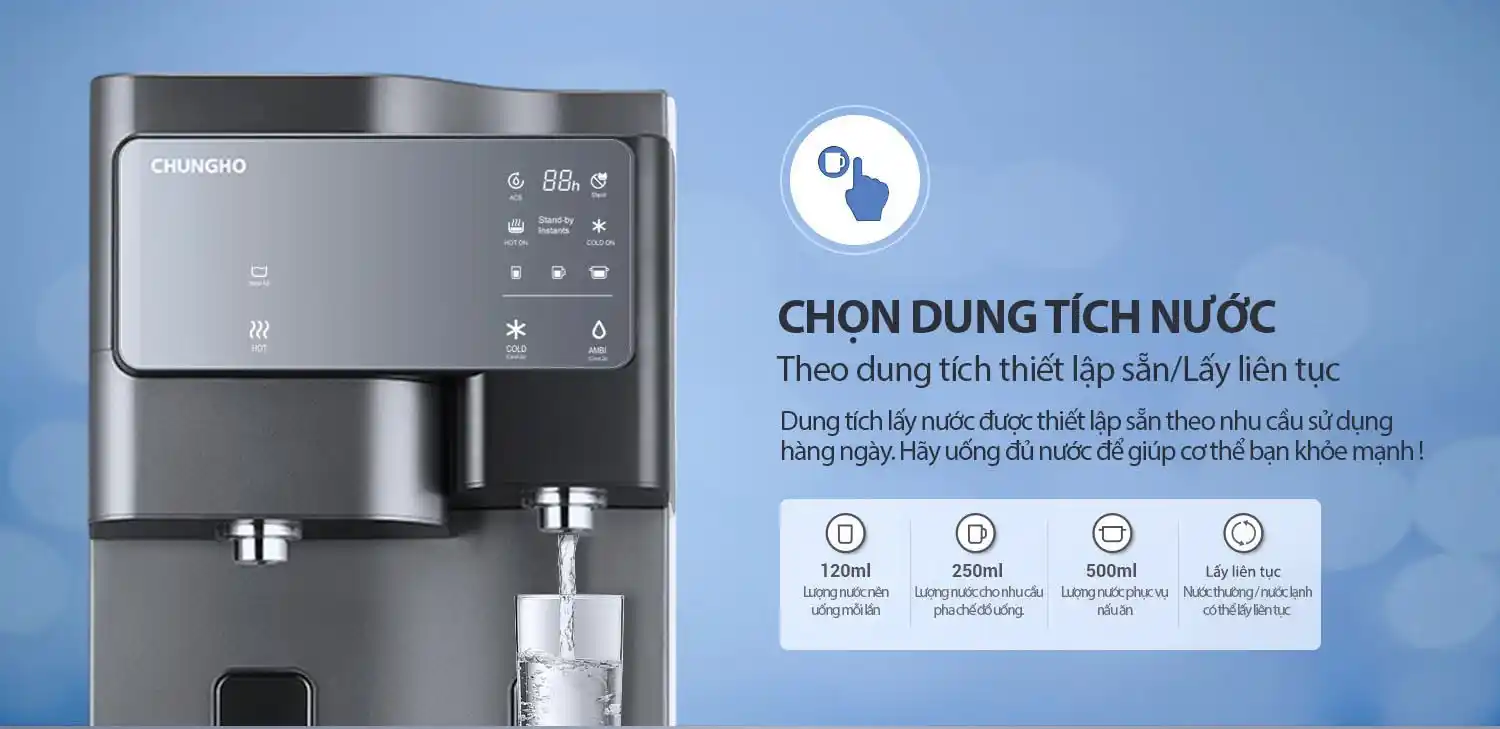SANITA Hot-Cool có thể chọn dung tích nước được thiết lập sẵn hoặc lấy liên tục