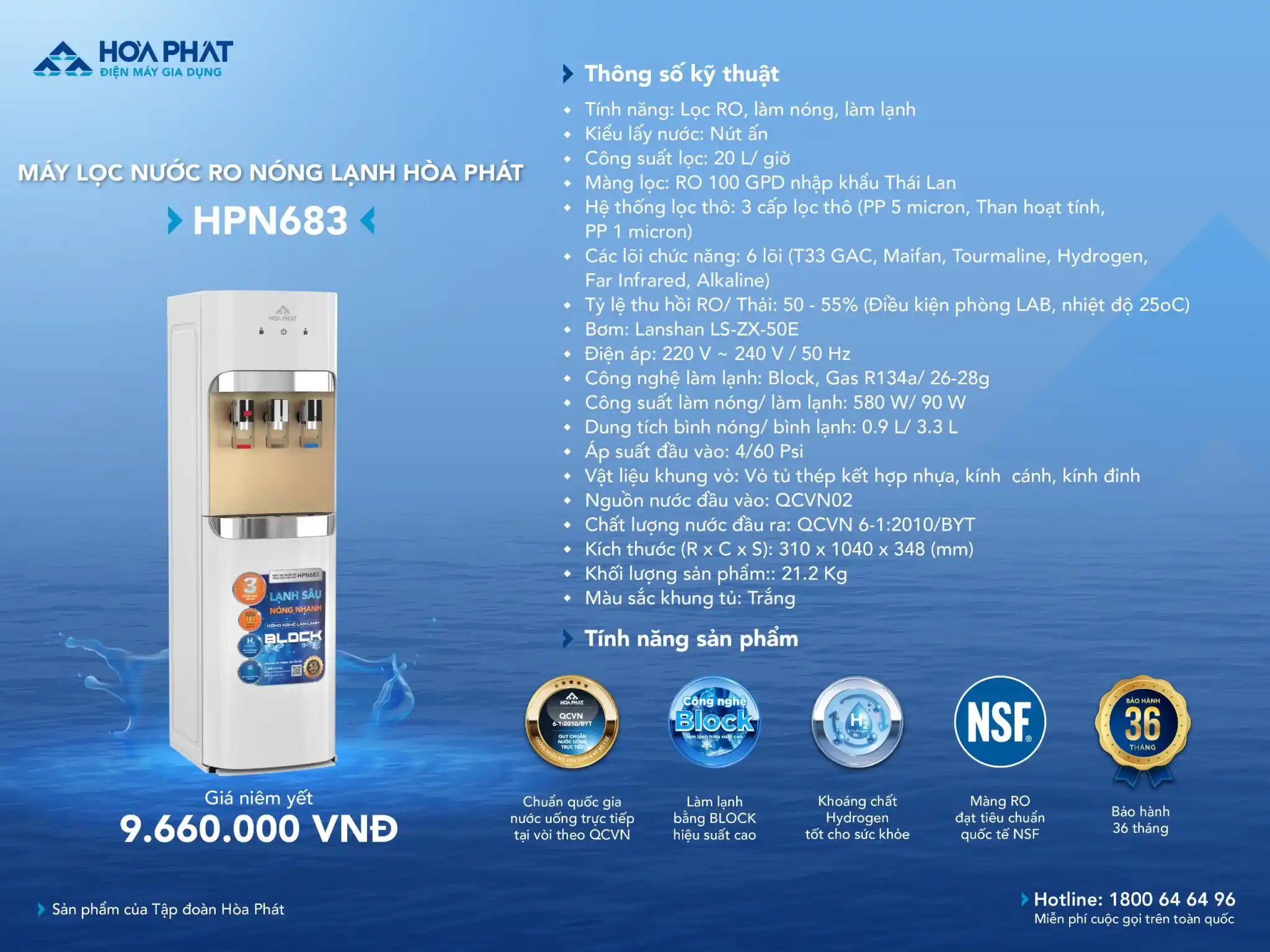 Tính năng nổi bật của máy lọc nước RO nóng lạnh Hòa Phát HPN683