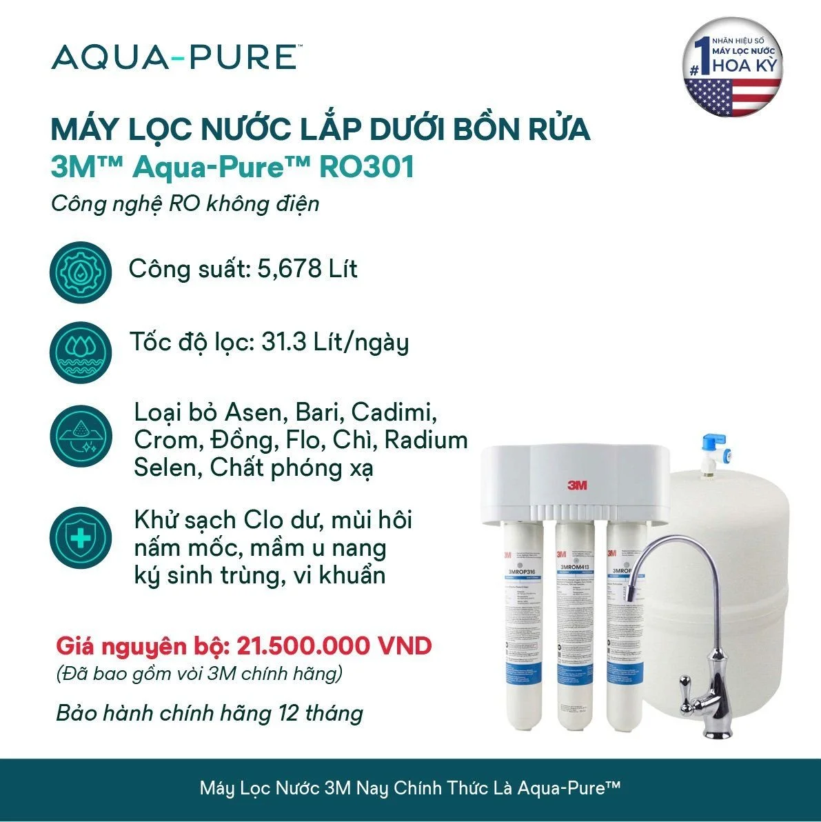 Tính năng nổi bật của máy lọc nước RO không dùng điện Aqua-Pure™ RO301