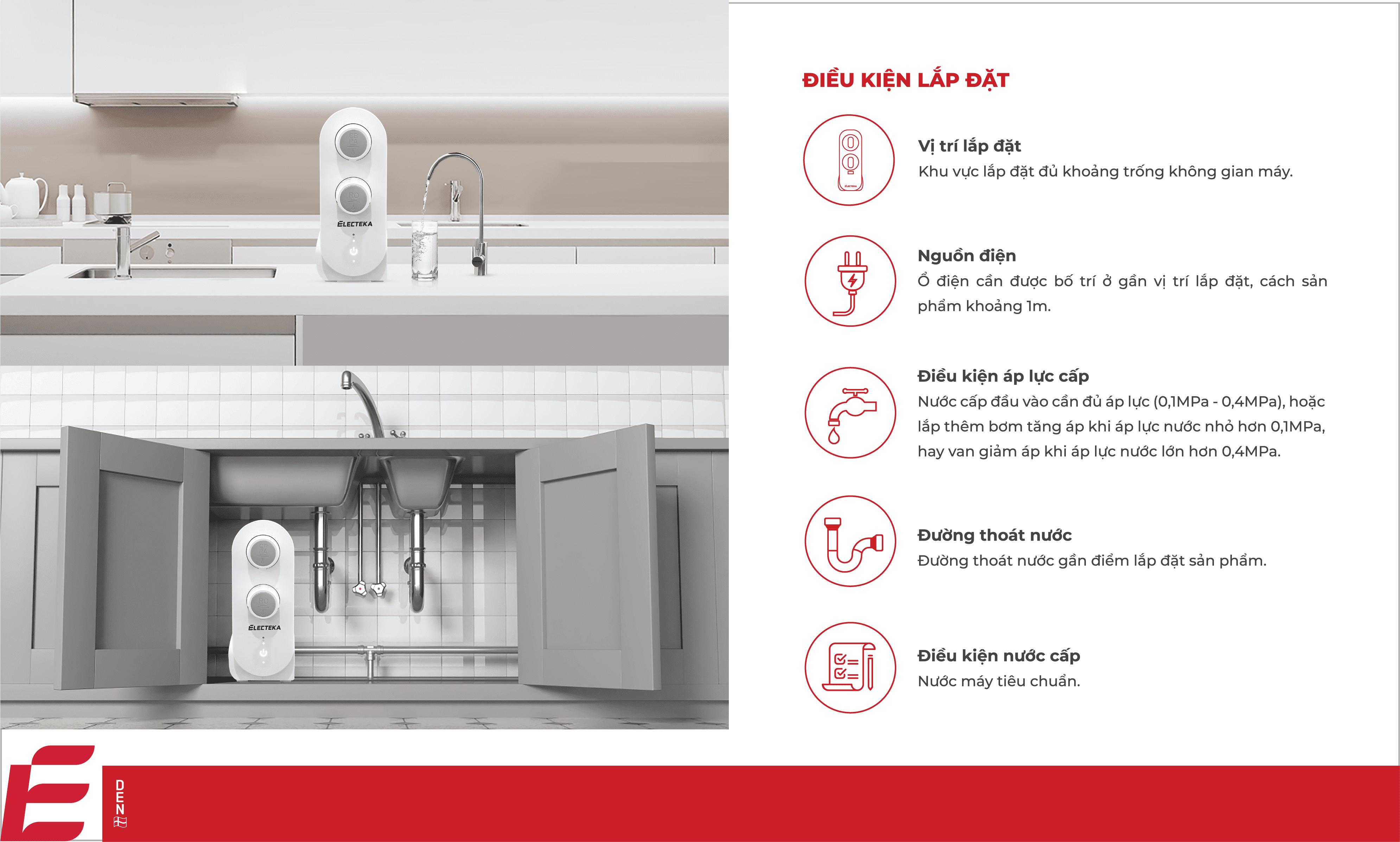 Điều kiện lắp đặt của máy lọc nước RO Electeka S7 Pro để gầm tủ bếp