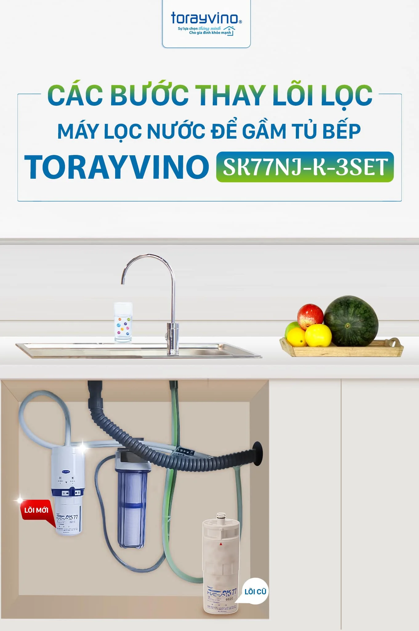 Hướng dẫn thay lõi lọc nước Torayvino SK77NJ-K-3SET