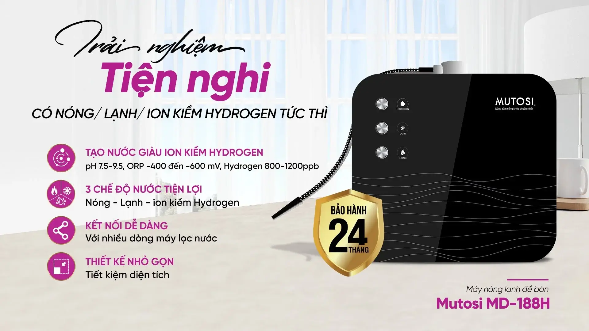 Tính năng nổi bật của máy nóng lạnh ION Kiềm Hydrogen Mutosi MD-188H