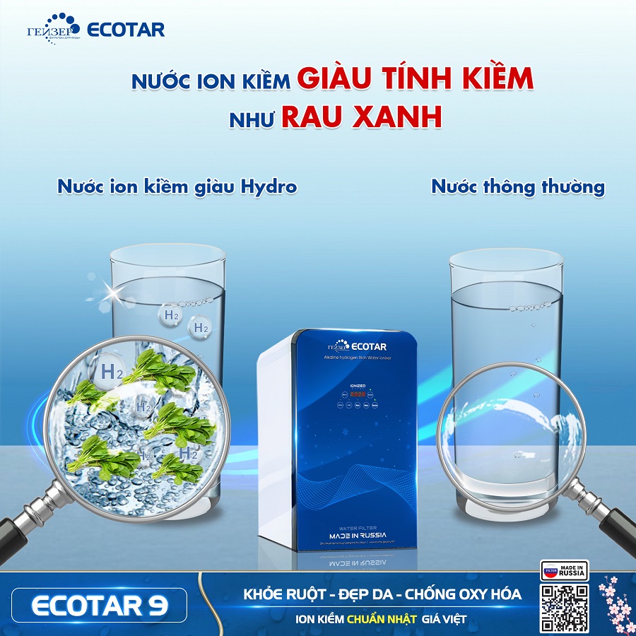 Nước ion kiềm Ecotar 9 có độ kiềm cao, giúp cân bằng độ pH trong cơ thể