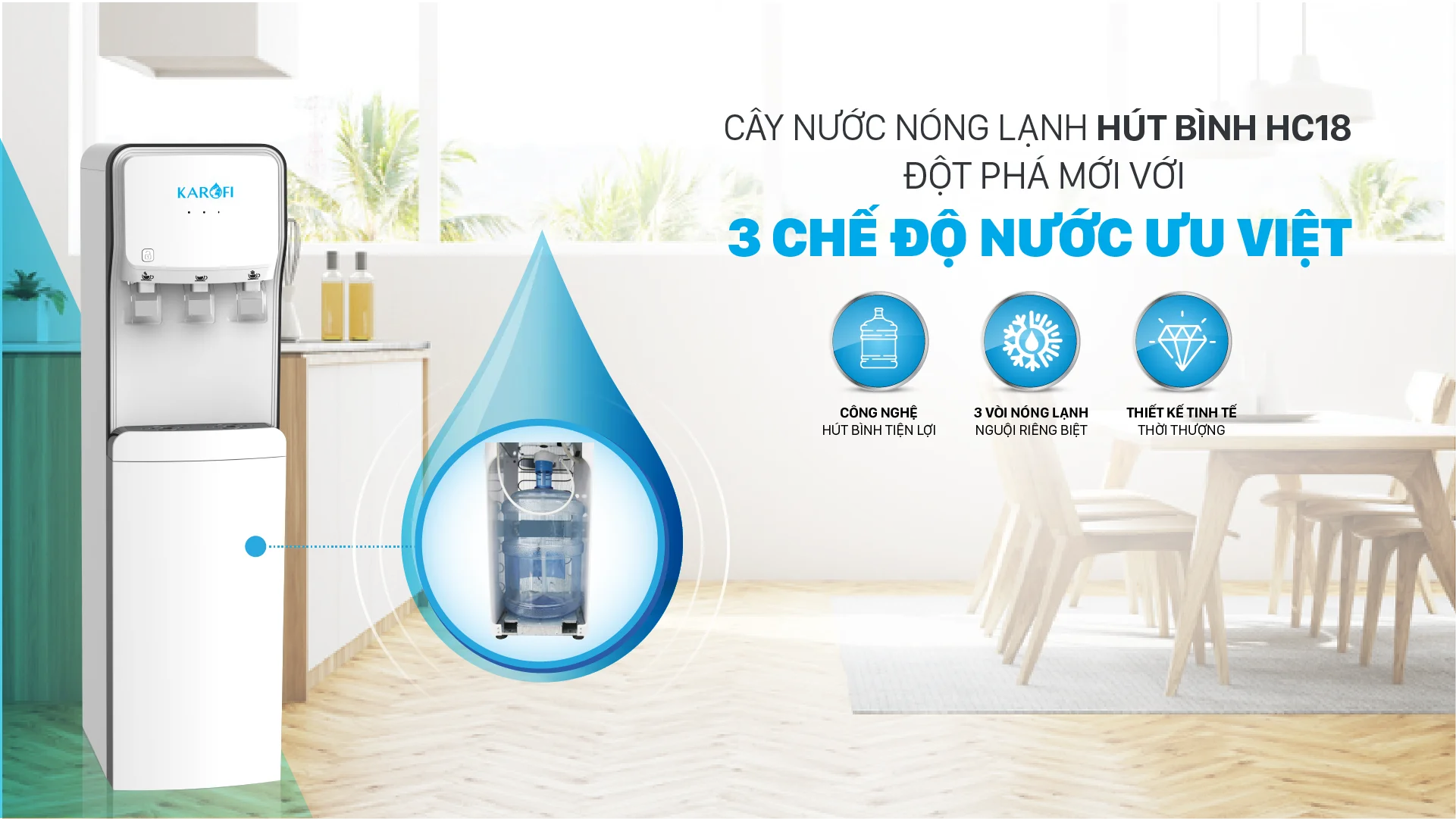 Giới thiệu cây nước nóng lạnh hút bình Karofi HC18