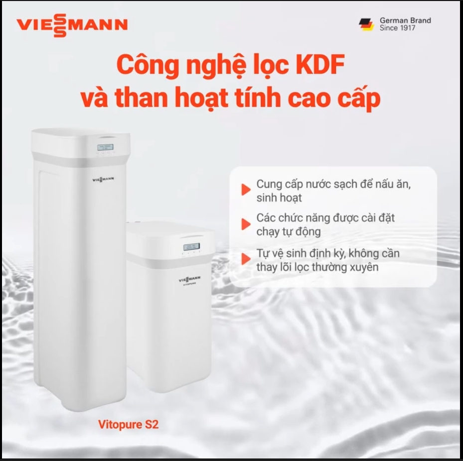 Máy lọc nước trung tâm Vitopure S2 được trang bị hai lõi lọc: Lõi lọc KDF (lọc nước bằng vật liệu đồng kẽm) và lõi lọc than hoạt tính gáo dừa