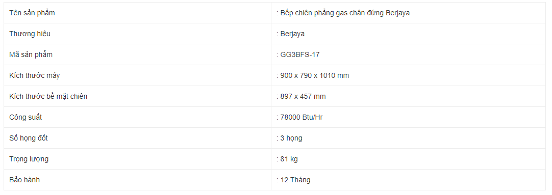 Bếp chiên phẳng gas chân đứng Berjaya GG3BFS-17