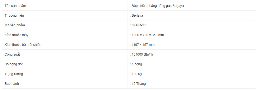 Bếp chiên phẳng dùng gas Berjaya GG4B-17