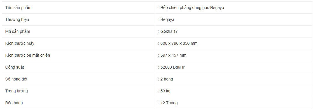 Bếp chiên phẳng dùng gas Berjaya GG2B-17