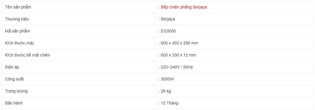 Bếp chiên phẳng dùng điện Berjaya EG3000