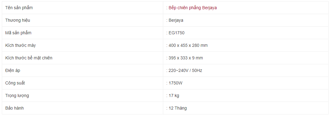 Bếp chiên phẳng dùng điện Berjaya EG1750