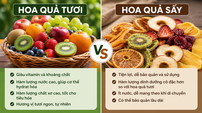 So sánh hoa quả tươi và hoa quả sấy