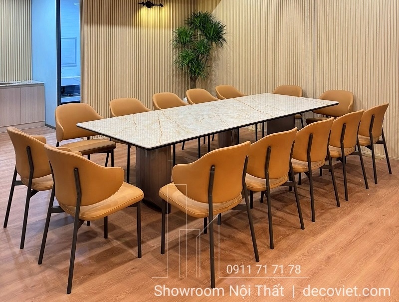 bộ bàn ăn mặt đá kéo dài chân inox 16 ghế