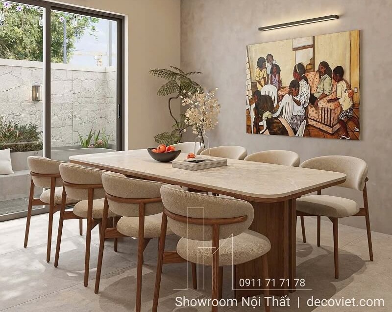 Bàn ăn gỗ mặt đá cao cấp kết hợp khung gỗ chắc chắn
