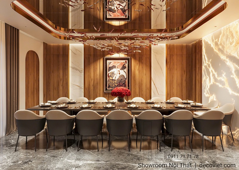 Không gian phòng tiệc rộng rãi với bàn dài 16 ghế sang trọng