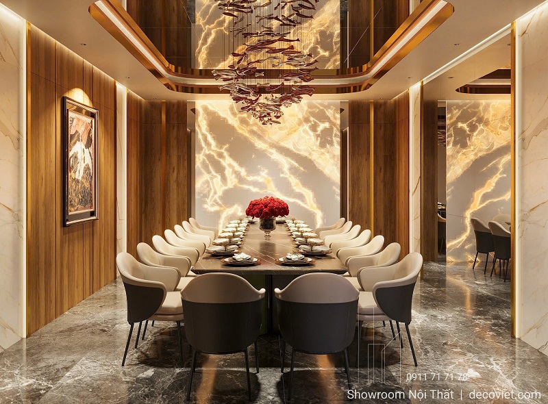 Bàn ăn mặt đá nhập khẩu đen vân tạo điểm nhấn sang trọng cho nhà hàng