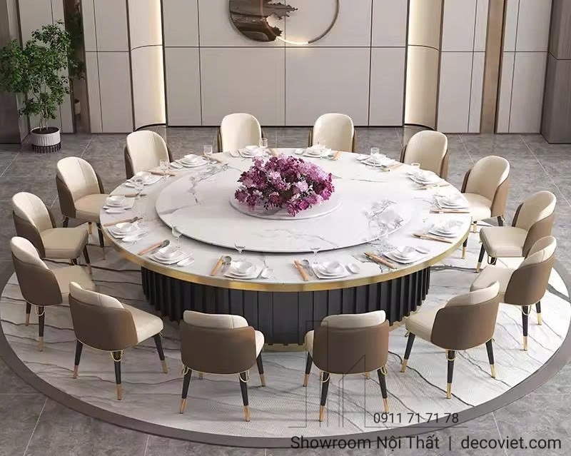 bàn ăn 20 ghế mặt đá chân gỗ dành cho nhà hàng
