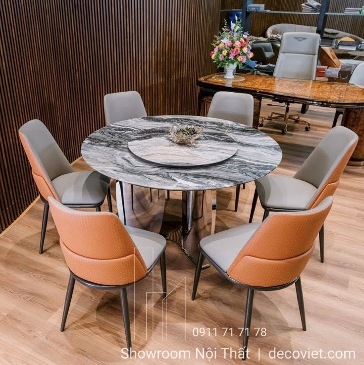 Bộ bàn ăn tròn xoay mặt đá 6 ghế hiện đại