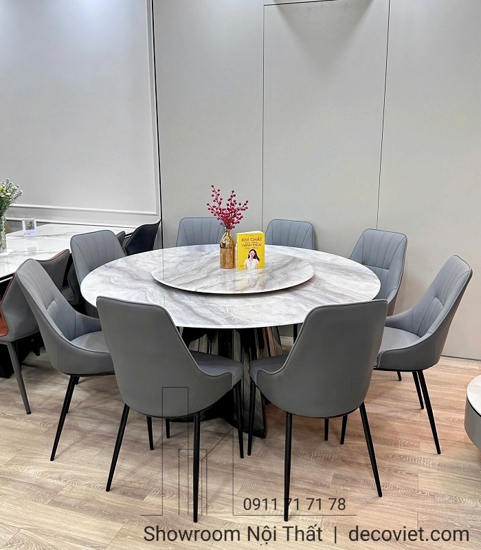 bàn ăn tròn 8 ghế chân inox