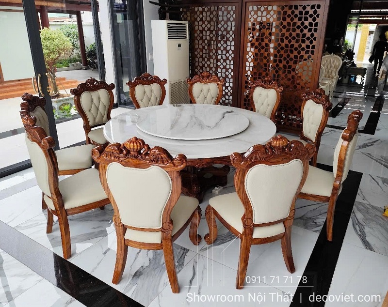 bàn ăn gỗ mặt đá tròn xoay cao cấp