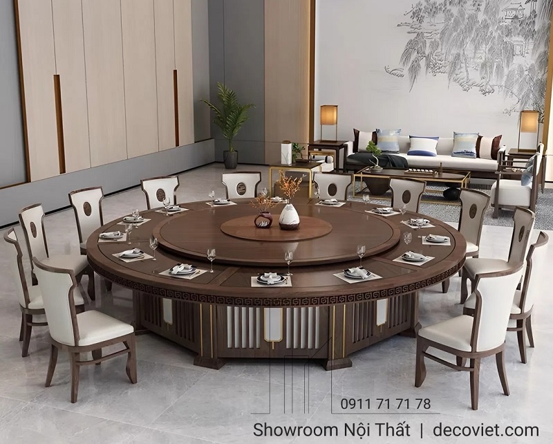 Mâm xoay bàn ăn tròn 360 độ, vận hành êm ái, giúp chia sẻ món ăn tiện lợi giữa 15–20 người