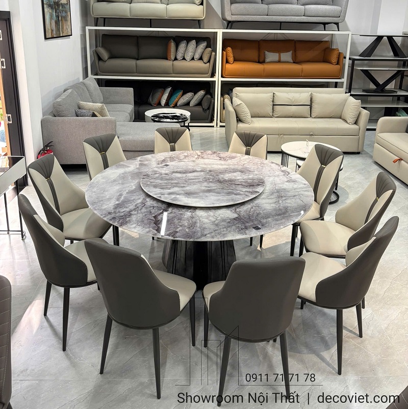 Bàn tròn chân inox mặt đá 1,6m + 10 ghế ngồi - mã 2664S
