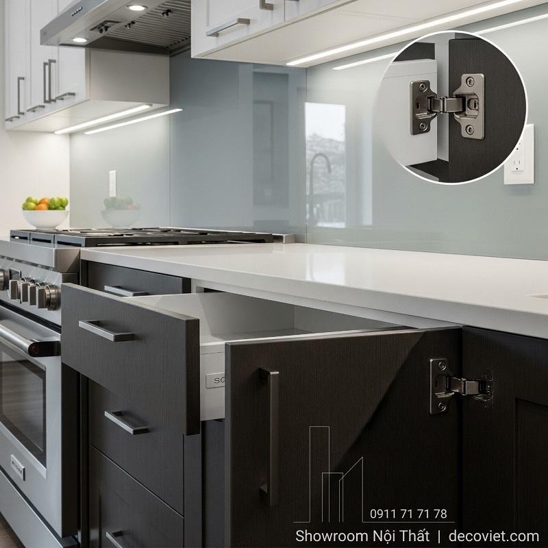 Phụ kiện bản lề giảm chấn cao cấp trong tủ bếp gỗ
