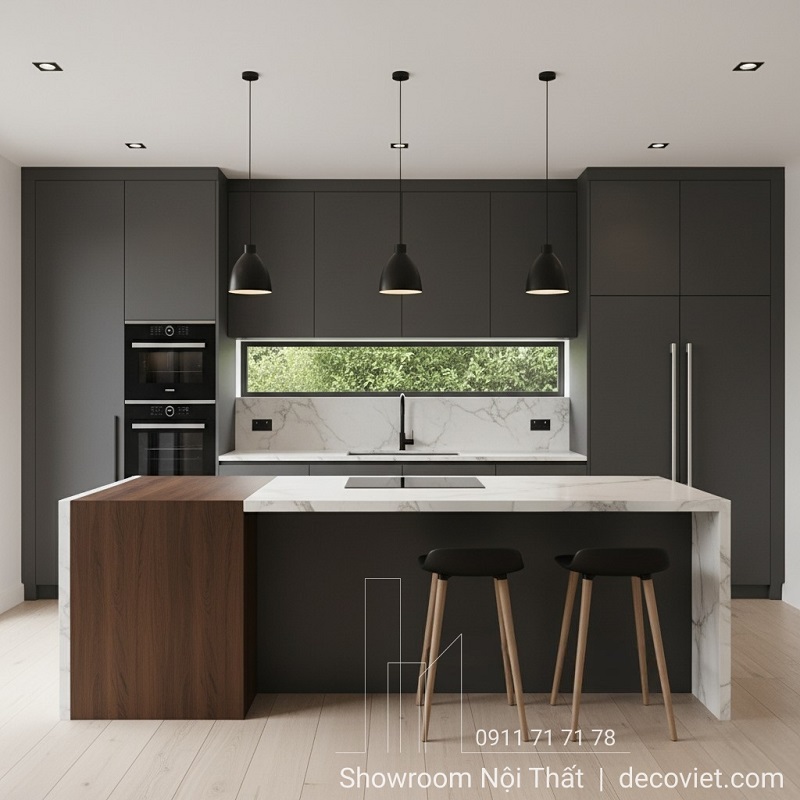 Tủ bếp gỗ công nghiệp thiết kế hiện đại với đảo bếp đa năng.