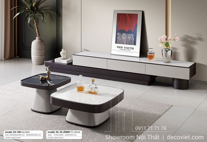 Bàn trà mặt đá kết hợp kệ tivi hiện đại cho phòng khách